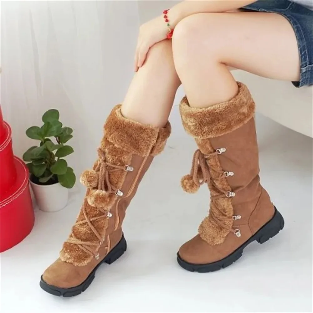 

New Snow Boots with Thick Soles Warm Med Heels for Women Fur Ball Side Lace Up Casual Boot Women Winter High Boot Botas Mujer