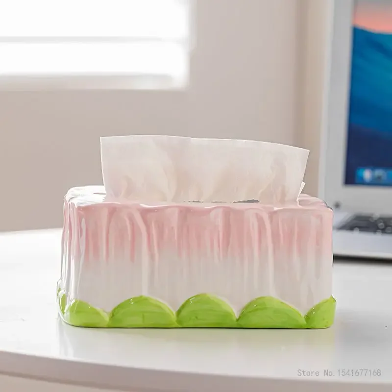 Creative Tulip Ceramic Tissue Box Cartoon Home Desk Work Desk Bedside Living Room Decoration High Aesthetic Value Paper Box, 1Pc
