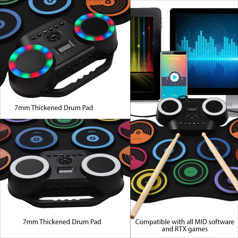 Portable Electronic Drum Hand-rolled Silicone Drum Set Built-in Speaker LED Display Monitorable with Foot Pedal USB or Battery portable drum pad,virtual drum kit