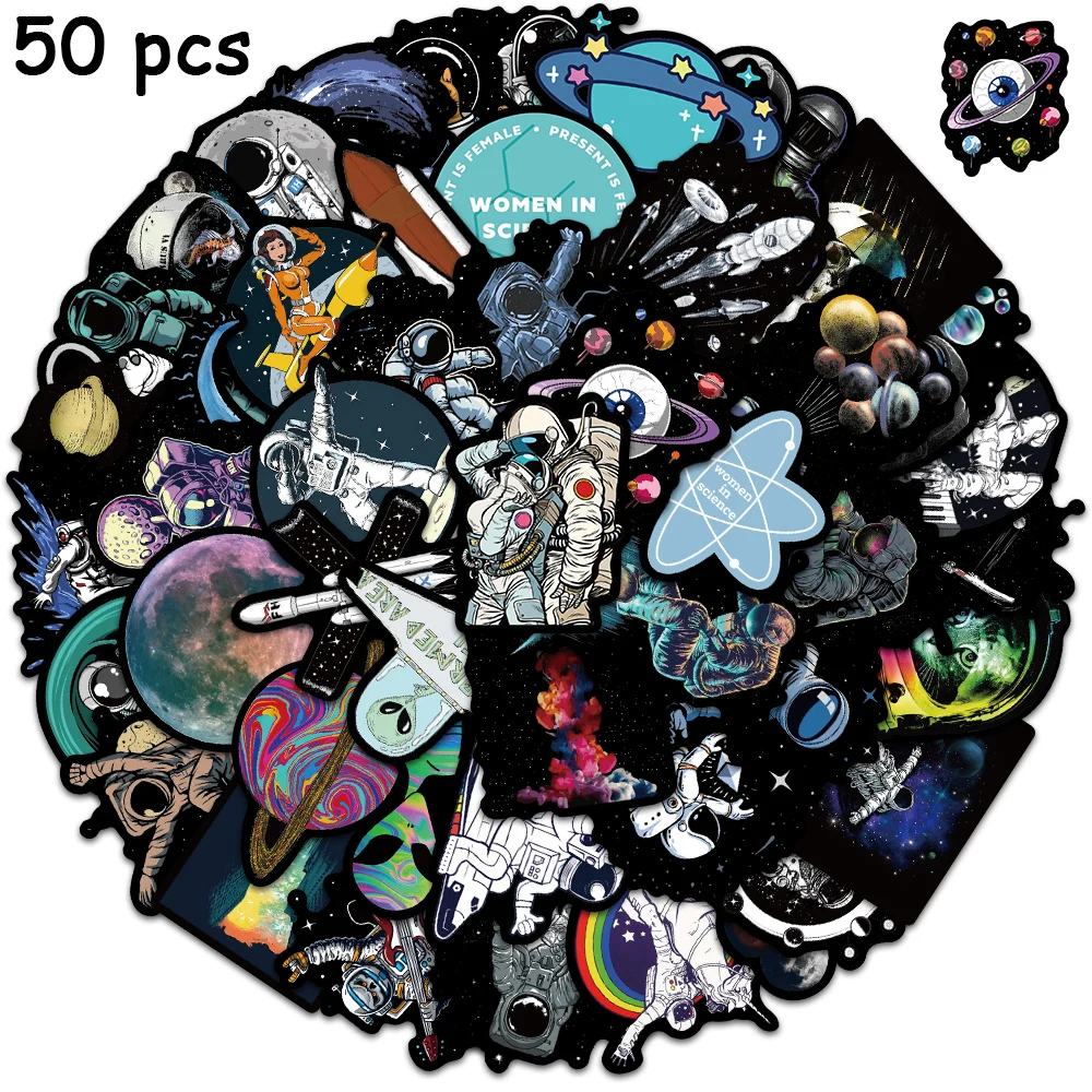 50pcs Classic Outer Space Stickers Funny DIY Decals Laptop Guitar Skateboard Luggage Scrapbook Graffiti Sticker Kid Gifts Toy