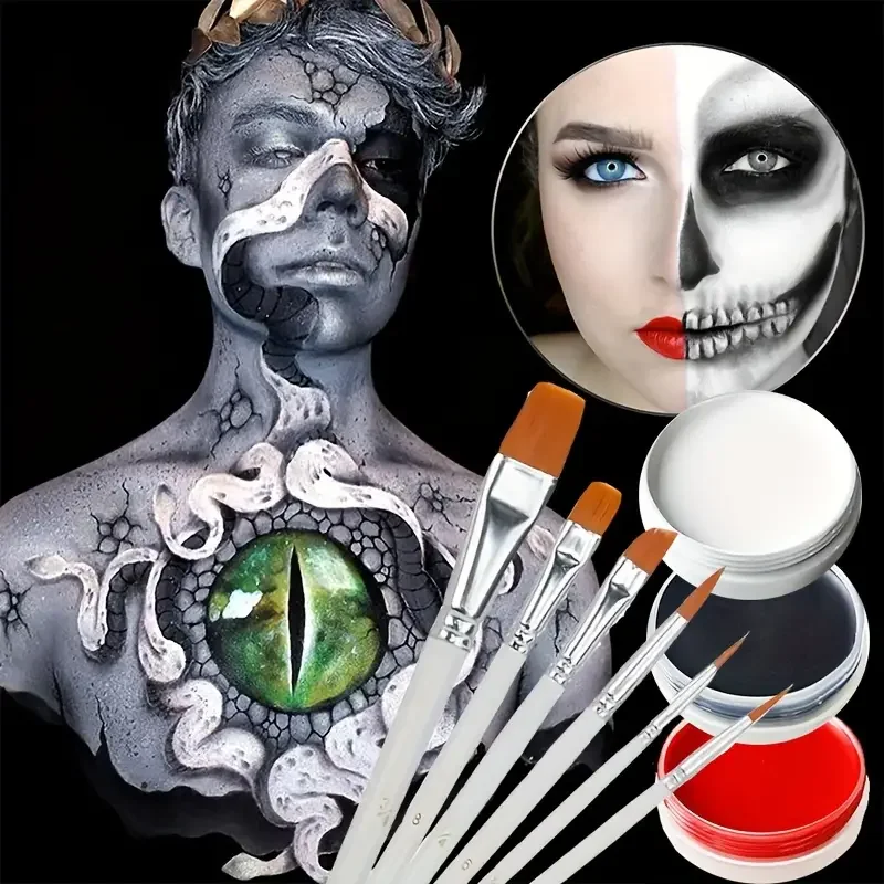 Face  Body Paint Set - Black White Red FX Makeup for Halloween Role Play with 6 Brushes
