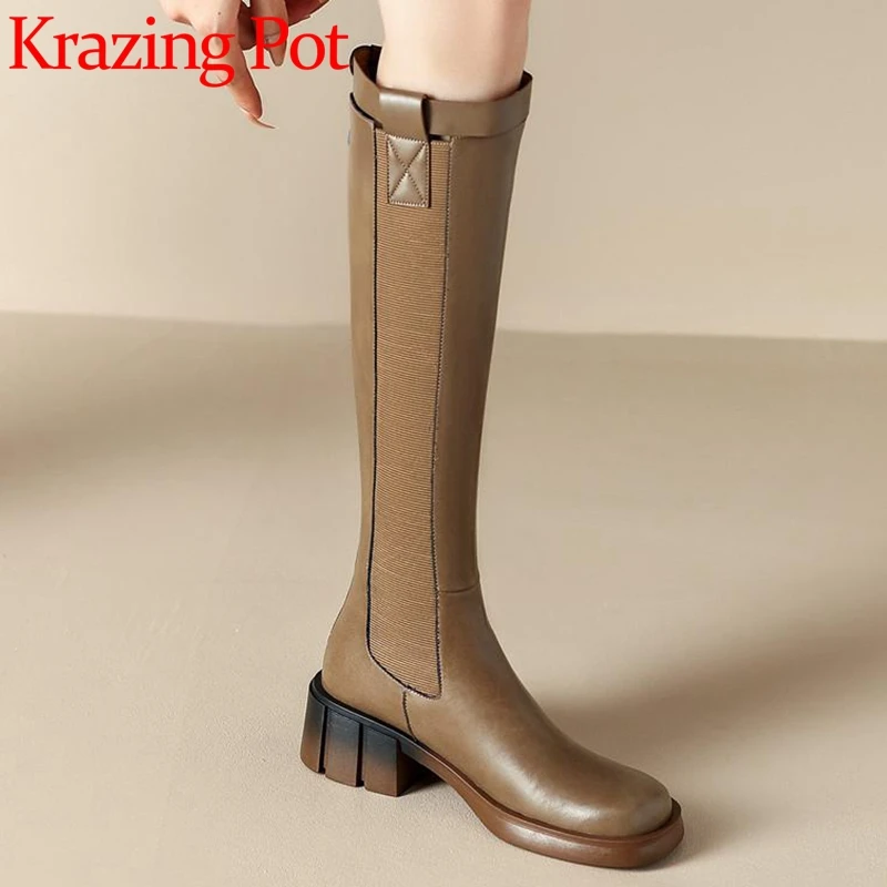 

Krazing Pot Cow Split Leather Round Toe Med Heel Riding Boots Thick Bottom Belt Buckle Buffing Preppy Style Zip Thigh High Boots