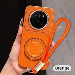Magnetic Rotating Bracket Phone Case with Lanyard in PU Leather for Honor X6b 4G (Orange)