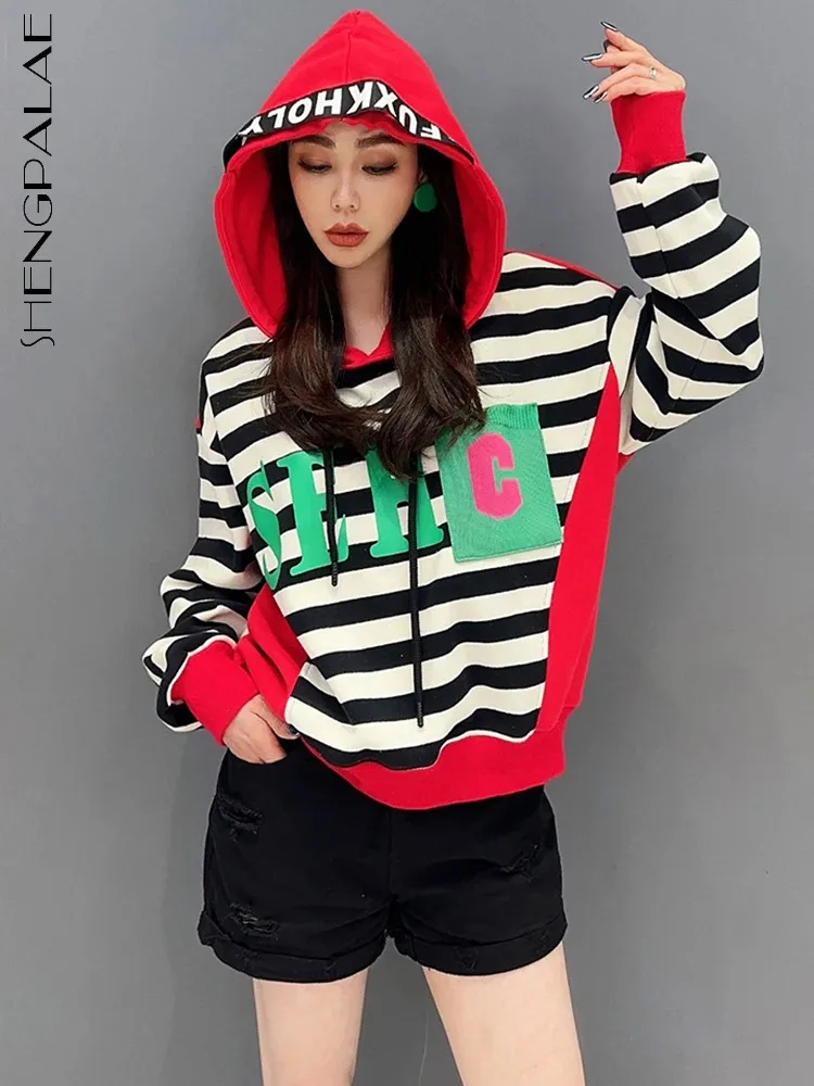 

SHENGPALAE Fashion Striped Hoodies For Women Letter Printed Contrast Color Casual Versatile Sweatshirt Spring 2024 New 5R8899