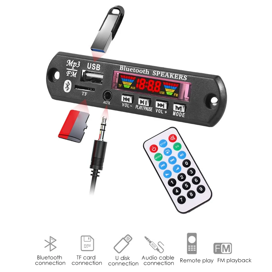WMA 디코딩 보드, 블루투스 5.1 무손실 디코딩 보드, 2x30W 증폭기, MP3 리시버 모듈, 지지대 FM 라디오
