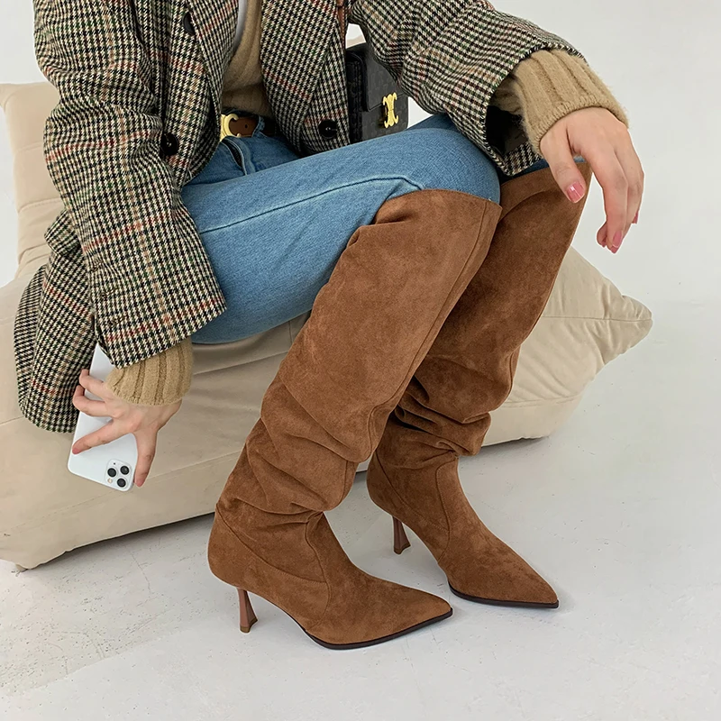 

Ботинки женские плиссированные на высоком каблуке, боты из искусственной замши, без застежки, пикантные, теплая обувь во французском стиле, весна-осень