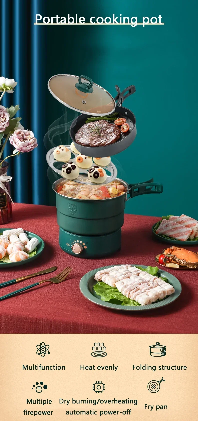 Description Picture 3 of item110V/220V Electric Split Cooking Pot Foldable Multicooker Frying Pan Hotpot Steamer Rice Cooker Soup Maker Water Boiler Travel