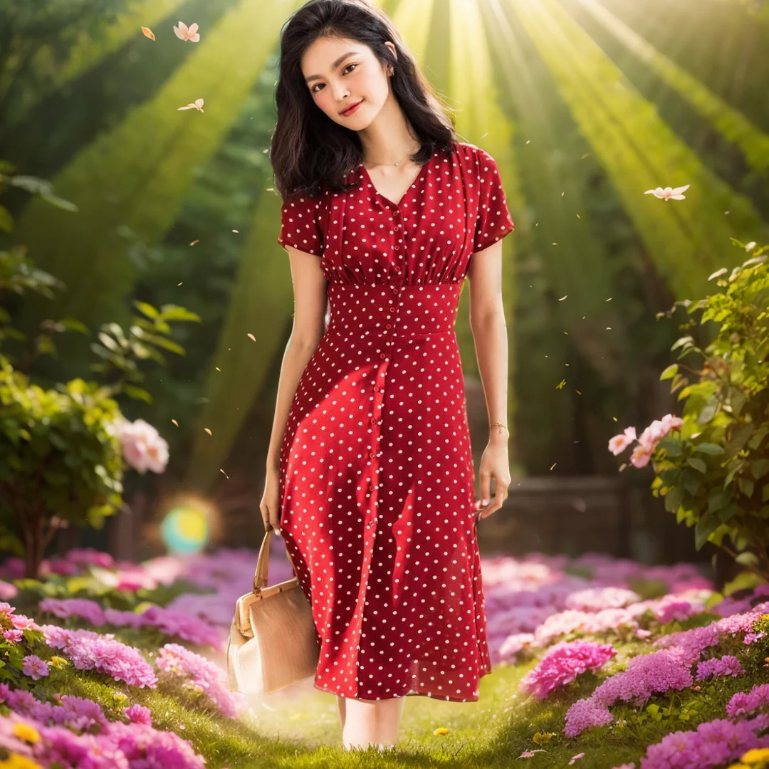 

Summer Red Dress - Sweet Dresses for Women - Fashion Dot Elastic Women's Polyester Short Sleeve V-Neck Button Office Clothes