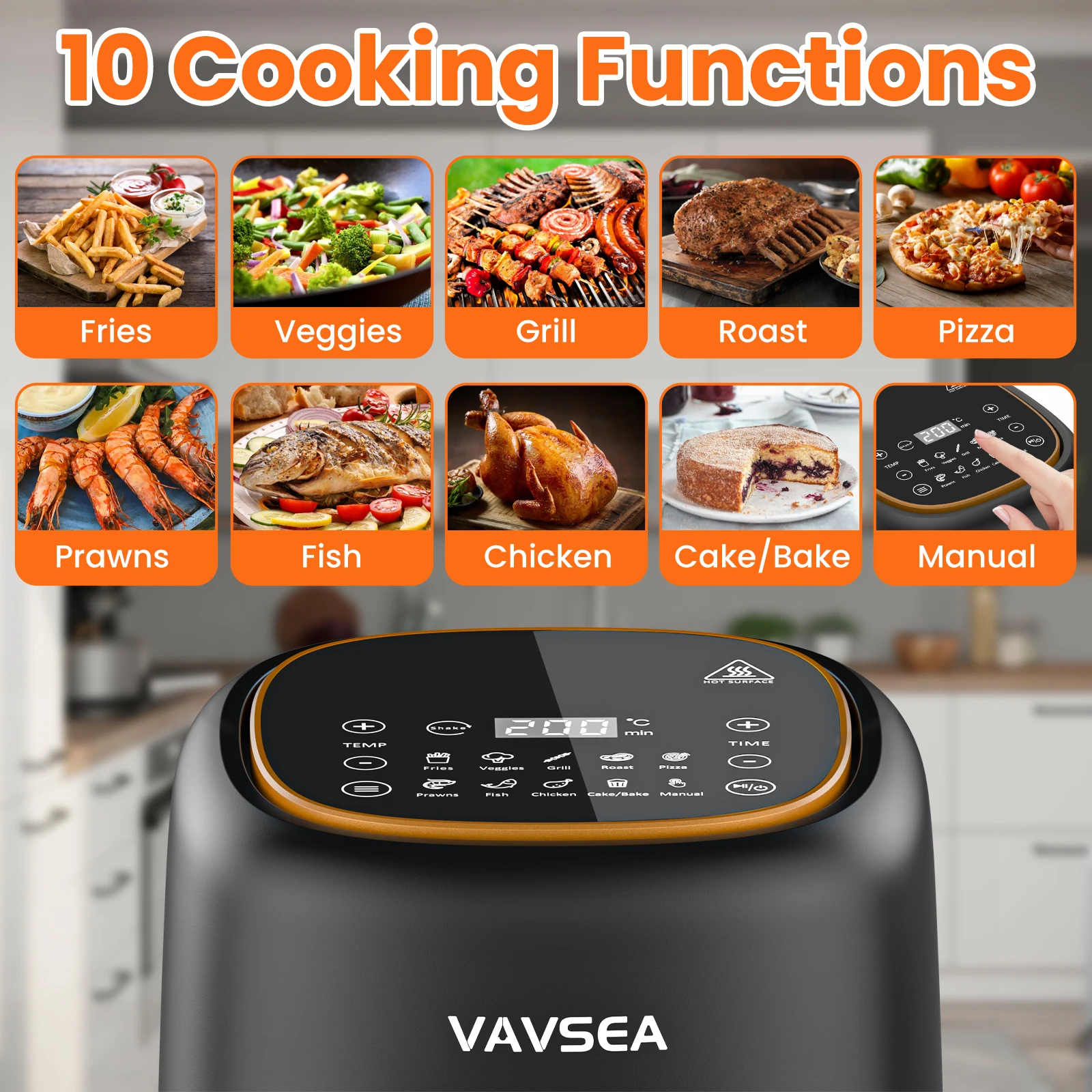 VAVSEA 10-in-1 Air Fryer with Clear Window, 1600W Hot Airfryer Oven with Digital LED Touch Screen, and Non-Stick Basket,6.5QT, 2