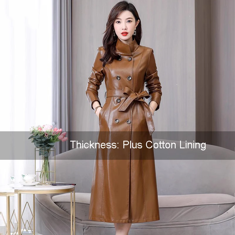 新しい 女性 レザートレンチコート 秋 冬 ファッション スタンドカラー