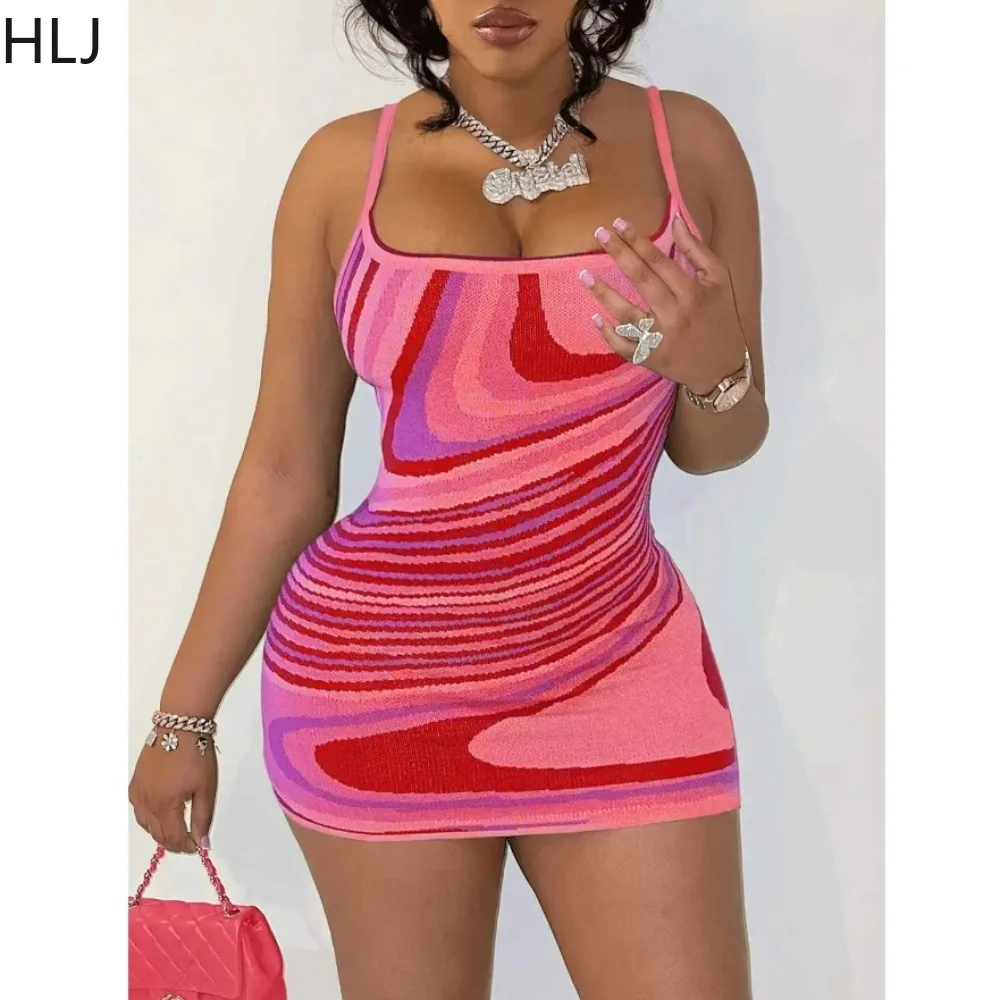 

HLJ Sexy Y2K Stripe Print Knitting Bodycon Suspenders Dresses Women Thin Strap Sleeveless Slim Mini Dress Summer New Clothing