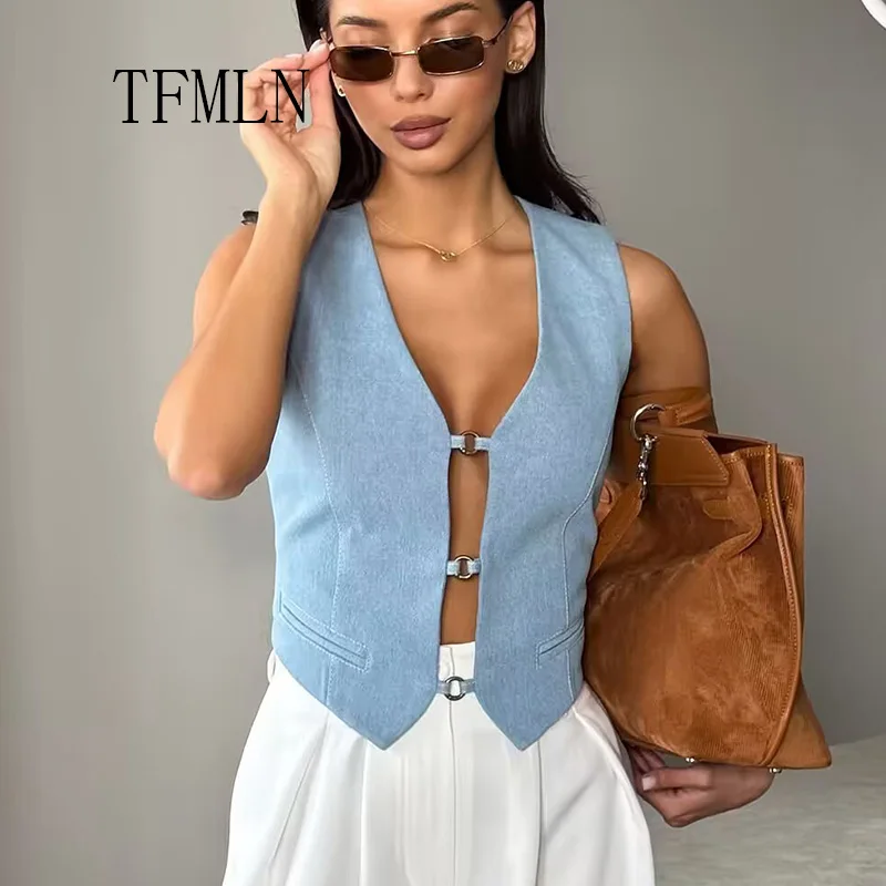 TFMLN Women Denim Cropped Tank Vest Top 2025 Summer Sleeveless Waistcoat Outerwear Ladies Fashion Casual Sexy Blue Short Vest