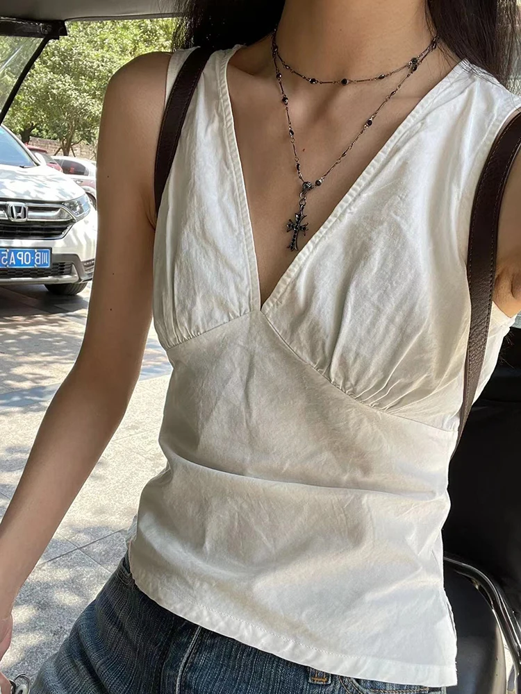 

White Sexy Deep V Neck Tank Tops Summer Soft Cotton Sleeveless Lace-up Slim Tees Tops Women Y2k Vintage Solid Sweet Vest 2023