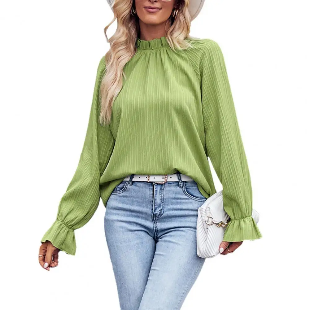 

Women Shirt Chic Streetwear Loose Fit Pleated Blouse with Ruffle Cuffs Autumn Winter Women's Solid Color Casual Tops Women Loose