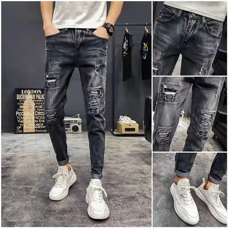 Social Slim Pencil Pants Pothole Ripped Jeans Men's Nine Points Korean Beggar Pants Leisure Spring Autumn Hip-hop Jeans