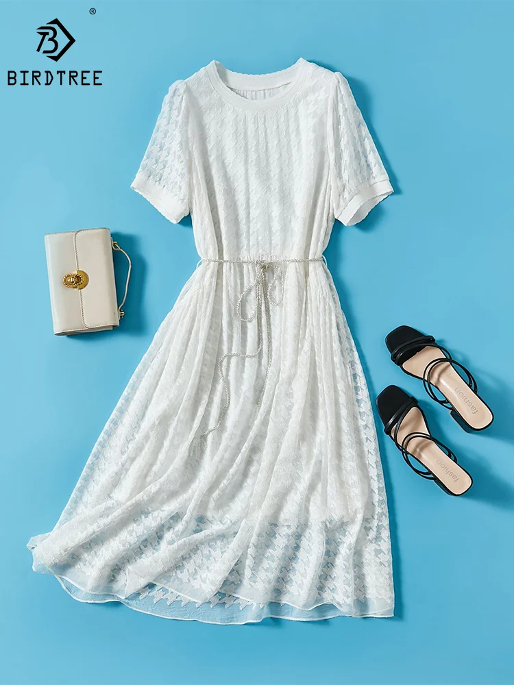 

BirdTree Pure Real Silk Dresses for Women, Bird Lattice Print Crepe, Elegant Sweet Party Dress, 2024 Spring Summer New D41650QM