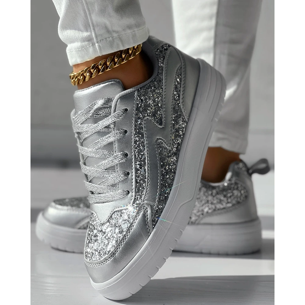 2024 Women Bling Bling Sequins Decor Lace-up Flats Sneakers Daily Casual Round Toe Sports Shoes Spring Going Out Basket Sneakers