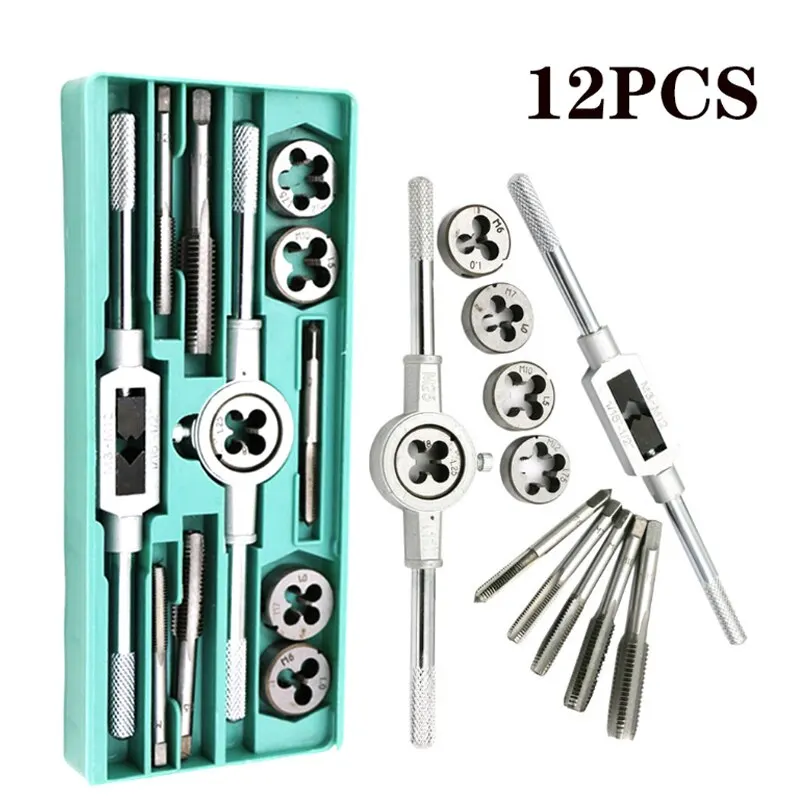 Tap and Die Set 8PCS/12PCS Multi-Spec Round Metric Wrench Cutting M3 M12 Die Holder Booster Rod Stranded Kit Engineer
