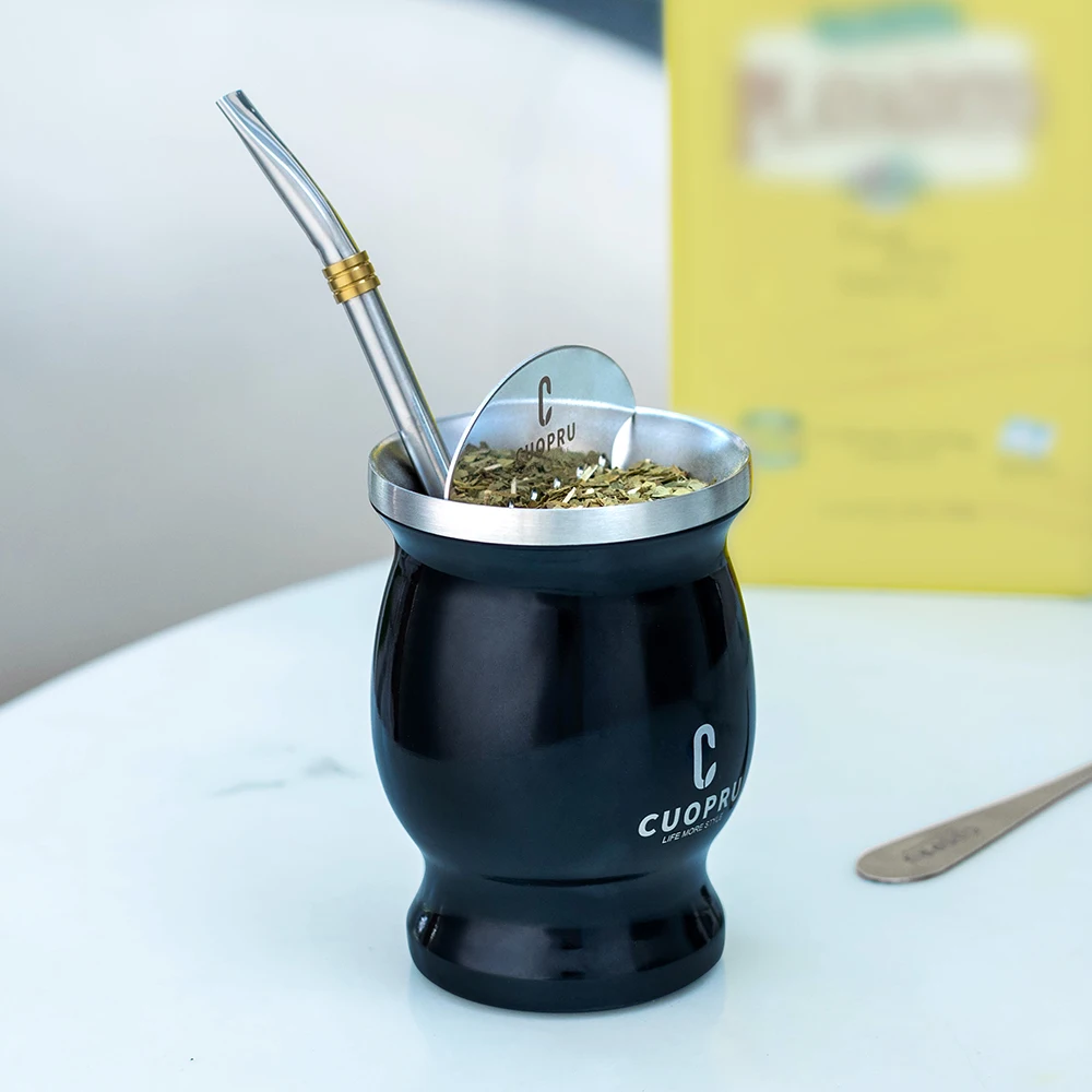 Yerba 메이트 컵 304 스테인레스 스틸 이중벽 조롱박, 봄빌라 및 청소 브러시, 차 분리, 8oz, 아르헨티나