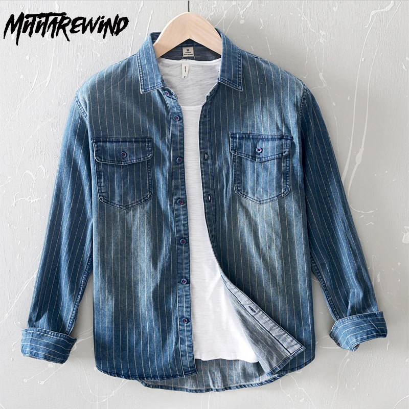 

Long Sleeve Denim Shirt for Men High Street Washed Jean Shirts Pure Cotton Pockets Striped Shirt Vintage Clothes Camisa Hombre