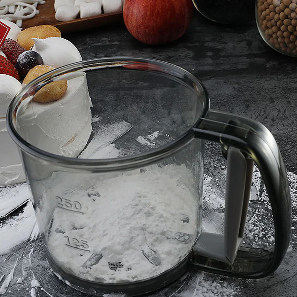Flour Sieve Cup Powder Sieve Mesh Transparent Baking Semi-automatic Sugar  Sifter Powder Shaker Handle Measuring Cup Kitchen Tool - AliExpress