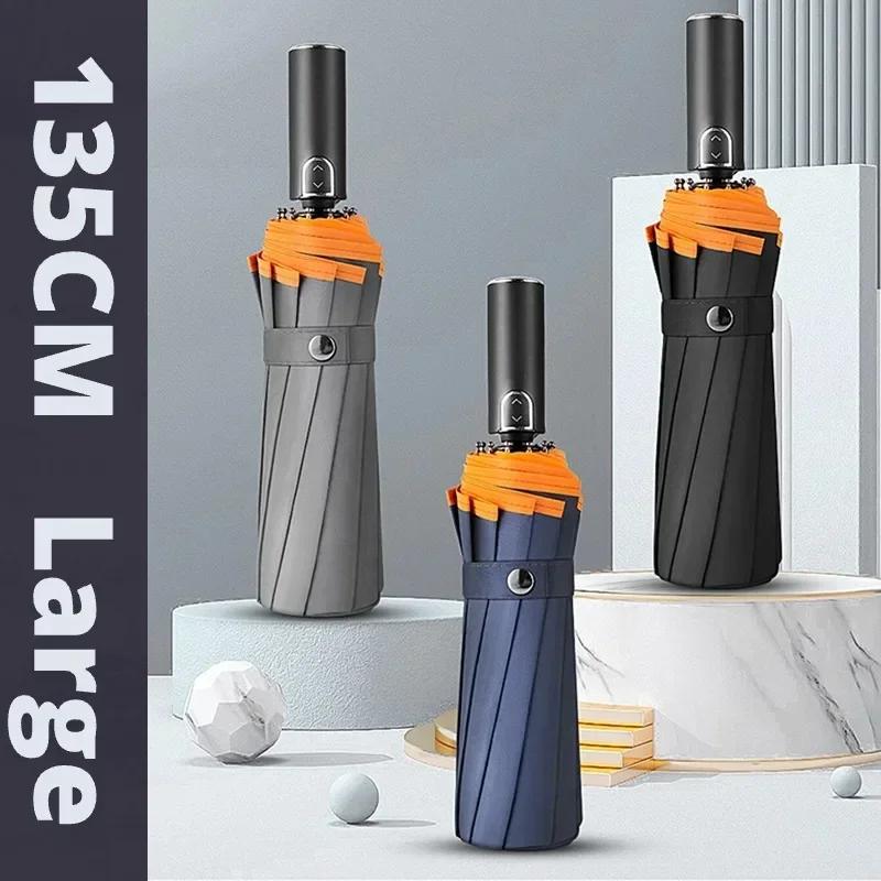 135CM Super Large Windproof Automatic Folding Men Umbrella Reinforced Wind Resistant Sun and Rain Umbrellas Big Parasol