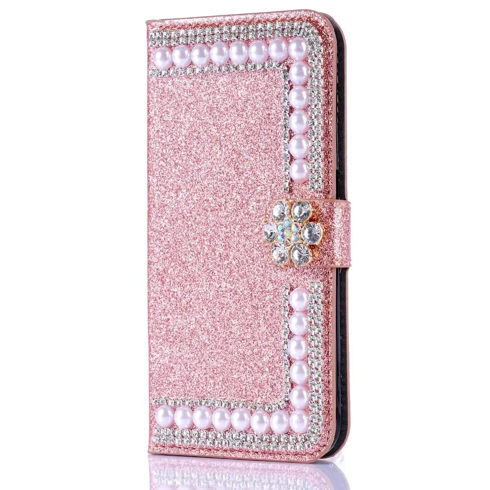 Fashion Bling Rhinestone Pearl Shiny Card Slot Wallet Flip Leather Case For iphone 15 14 13 12 11 Pro Max X XS MAX XR Plus