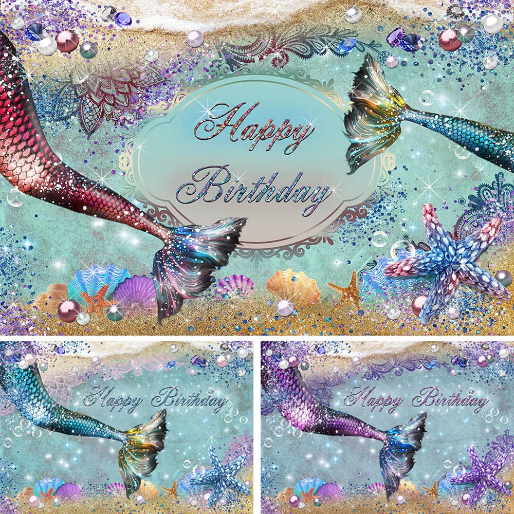 

Mocsicka Mermaid Princess Backdrops Photography Props Baby Girl Birthday Glitters Mermaid Tail Photocall Seabed Shell Background