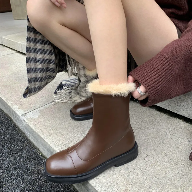 

2022 Autumn and winter Women ankle Boots natural leather 22-24.5cm cowhide upper lamb wool warm flat ankle boots skinny boots