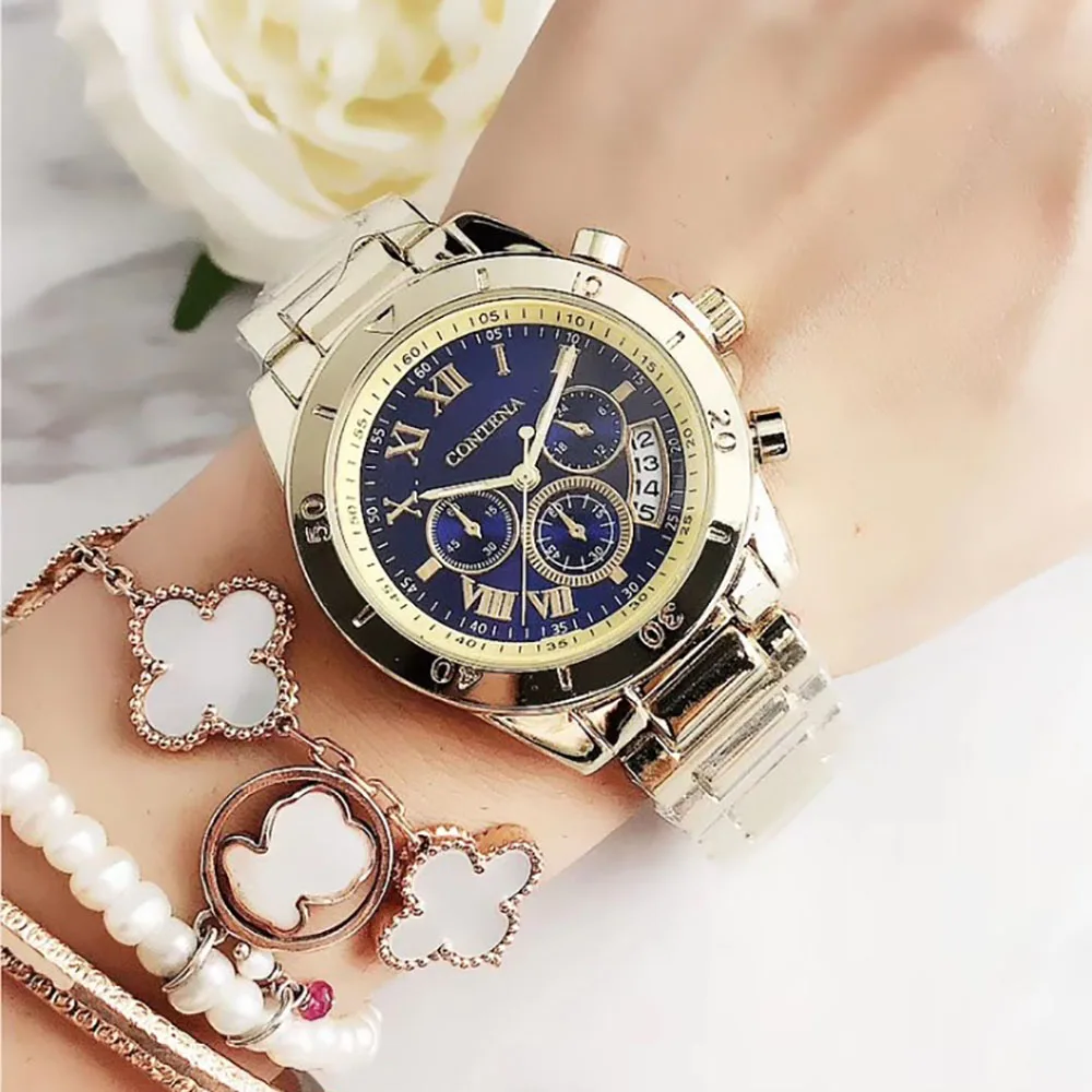 Gold Charm Metal Women Wrist Watch Luxury Brand Three Eyes Pointer