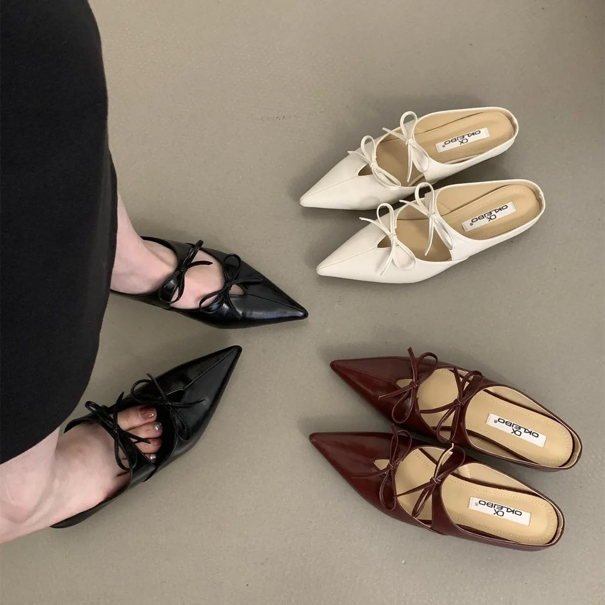 

Туфли женские на низком каблуке, мягкие лоферы, сланцы, Искусственная резина, заостренный носок, бант-бабочка, мюли, мягкая удобная обувь, 2024