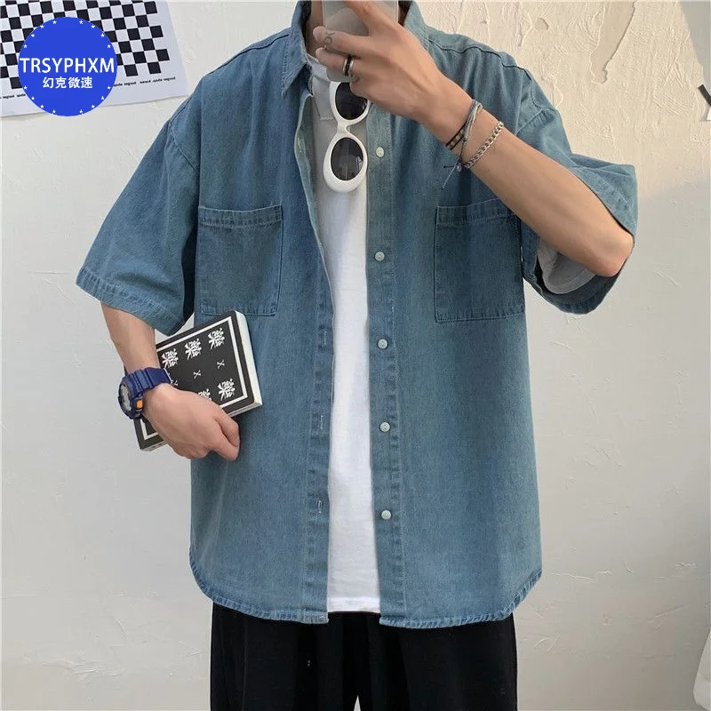 Summer 5-point short sleeved denim men's shirt Korean version couple loose half sleeved blue shirt for men
