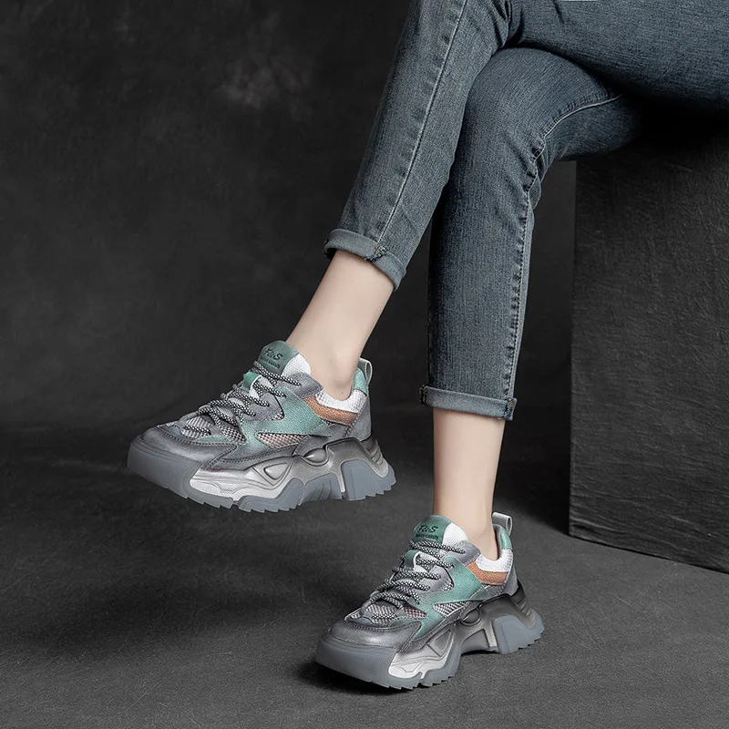 5cm Air Mesh Genuine Leather Flats Women Platform Wedge Summer Fashion Loafer Chunky Sneakers Mixed Color Comfy Shoes Vulcanize 6