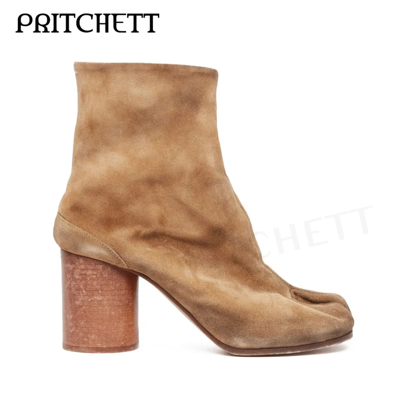 Retro Suede Beige Tabi Boots Round Toe Split Toe Medium High Heel Slip-On Casual Short Boots Personalized Fashion Women's Shoes