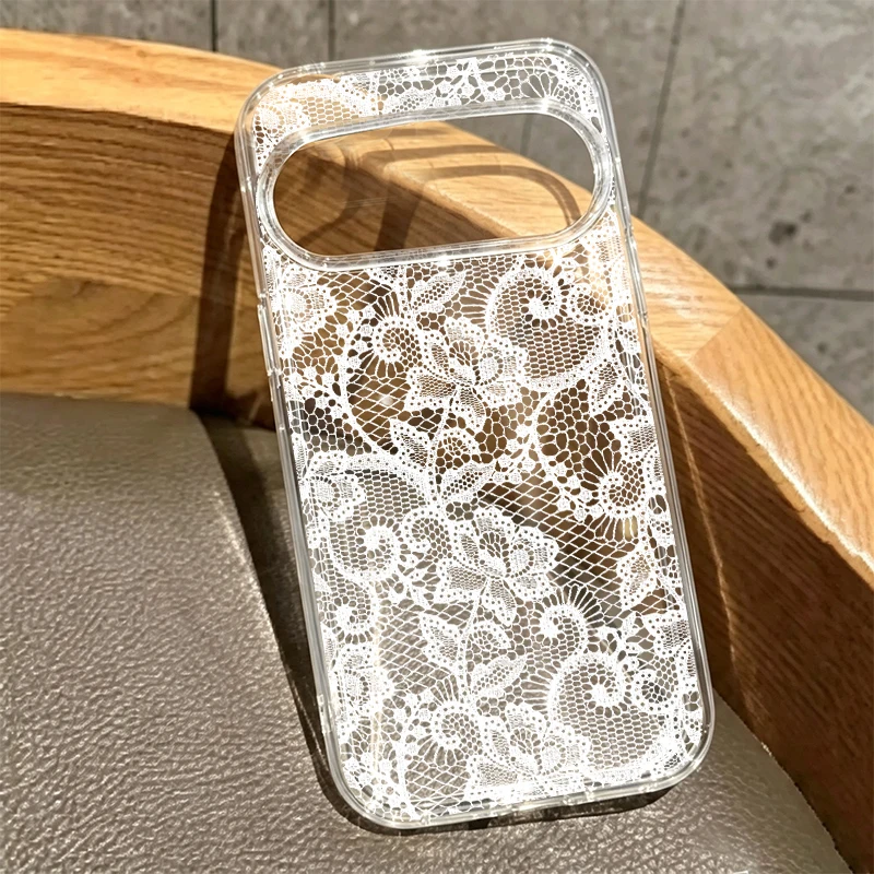 Luxury White Black Lace Floral Phone Case - Clear Cover