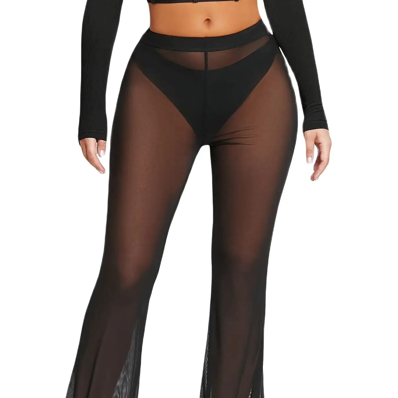 Europe and the United States cross-border sales of new mesh fluoroscope flared pants summer fashion sexy high waist breathable c Best Sellers In Women's Clothing