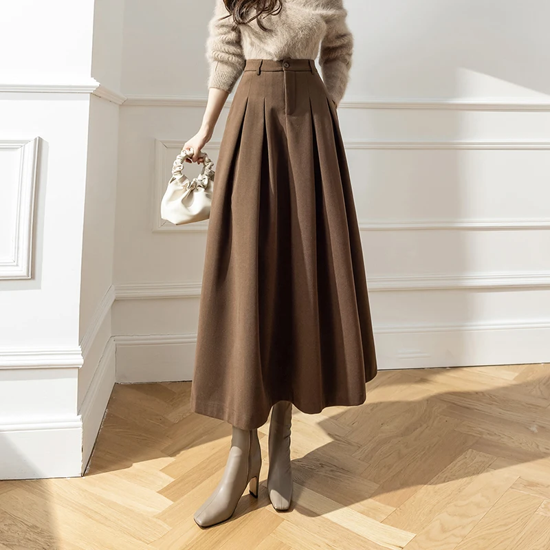 

Long Halflength Dress 2023 Winter New High Waist Korean Edition Woven Fabric Large Fold Cover Crotch Show Thin Woolen Long Dress