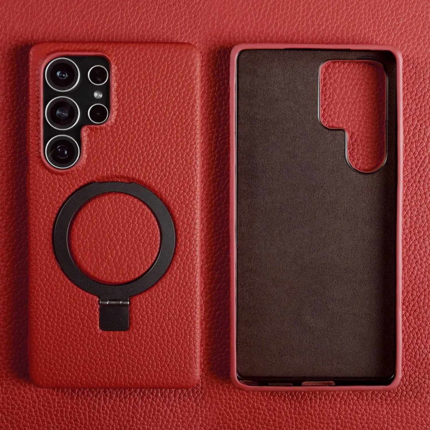 Genuine Leather Magnetic Ring Stand Phone Case with Back Cover