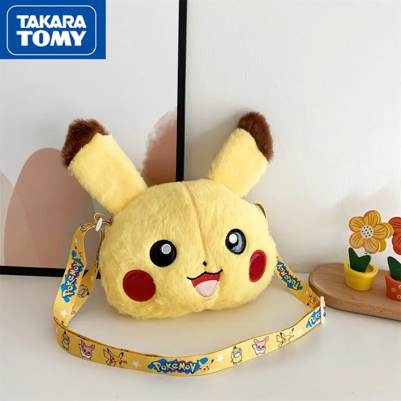 

TAKARA TOMY Cartoon Pikachu Cute Furry Children Messenger Bag Girl Light Sweet Doll Shoulder Mobile Phone Small Object Bag