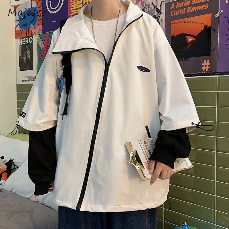 

Куртка мужская из двух частей, сложная контрастная уличная одежда в американском стиле, мешковатая верхняя одежда с косой молнией, в стиле панк