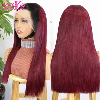 300% Density 1BT99J Double Drawn Bone Straight Human Hair Wig for Women 13x4 Transparent Lace Front Glueless Wig 100% Remy Hair 1