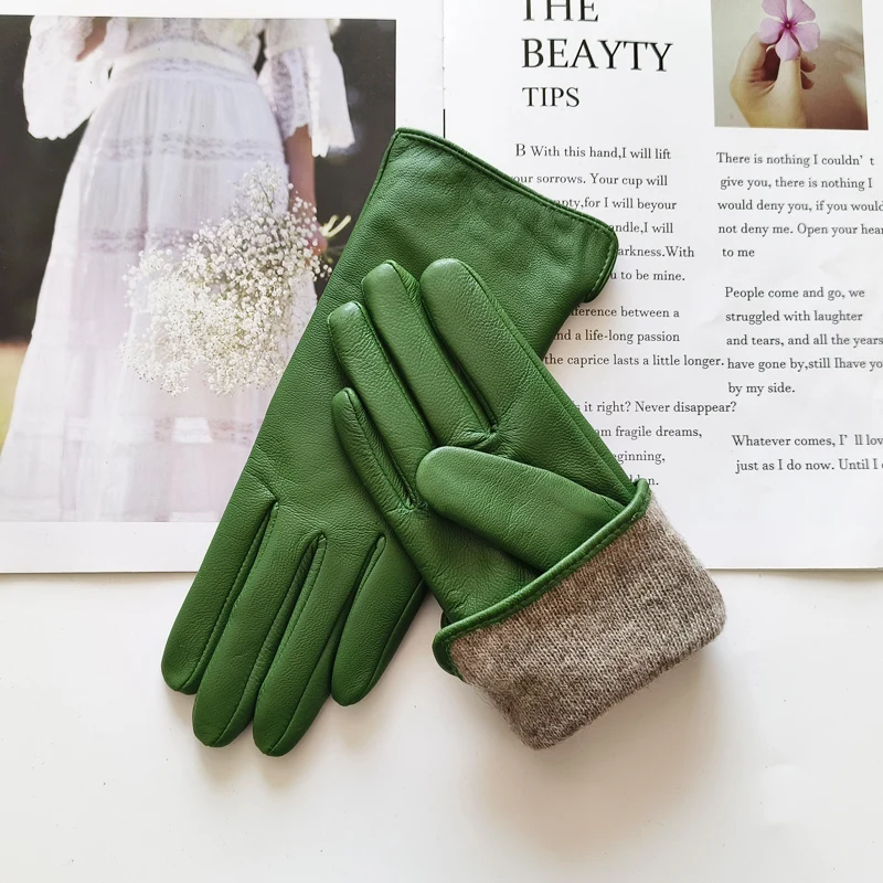 Sheepskin Gloves Women's New Knitted Lining Spring Classic Versatile Multicolor Driving Gloves Leather Autumn