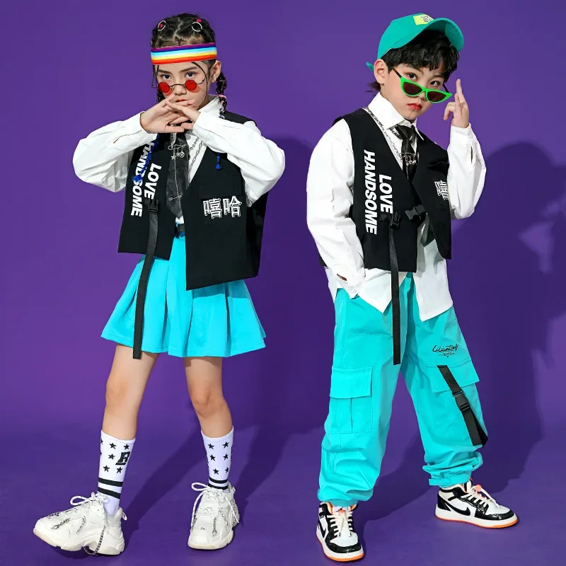 

Kid Kpop Hip Hop Clothing White Shirt Top Vest Streetwear Tactical Cargo Jogger Pants Skirt for Girl Boy Dance Costume Clothes