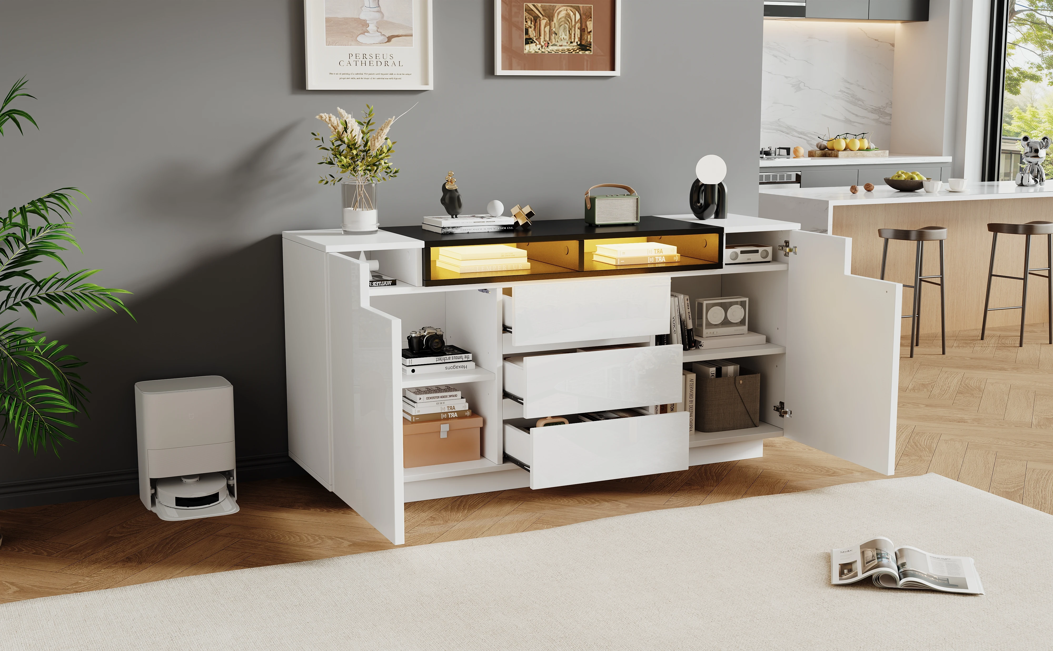 140 x 40 x 68 cm großes Wohnzimmer-Sideboard mit 2 L-förmigen Türen, Wohnzimmer-Kleiderschrank mit verstellbaren Trennwänden und LED-Leuchten – Detail 22