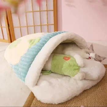 Semi-closed Cat Sleeping Bag Cat Bed Winter Warmth Deep Sleep Dog Cushion with Pillows Removable Pet Products House Cats Nest