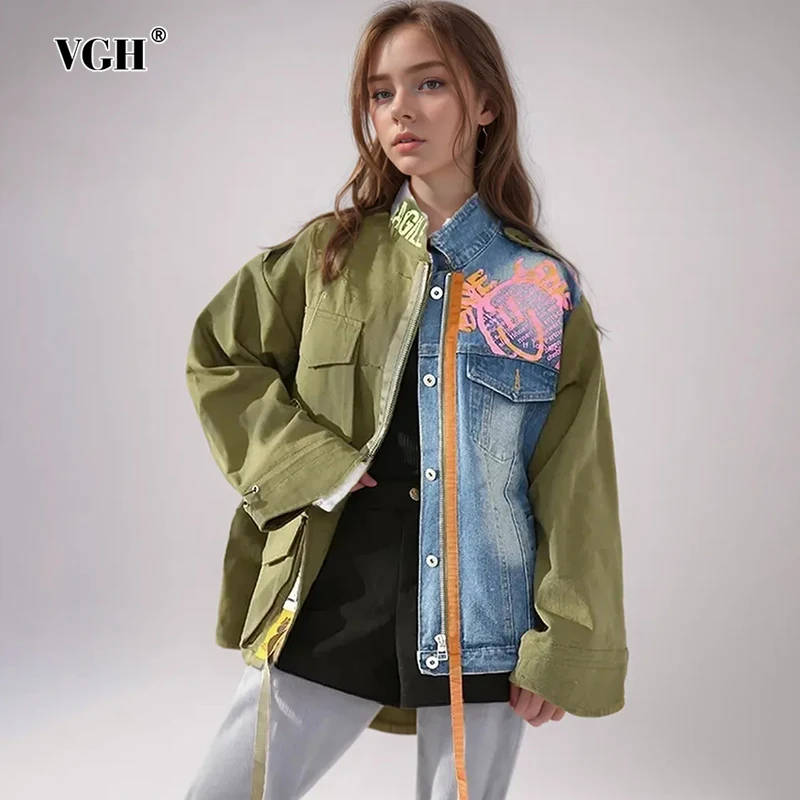

VGH Hit Color Printing Patchwork Pockets Casual Jackets For Women Lapel Long Sleeve Spliced Zipper Loose Coats Female Fashion