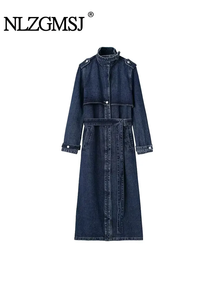 

Nlzgmsj TRAF 2023 New Autumn Women Fashion Lace Up Denim Trench Coat Solid Long Sleeve Streets Elegant Windbreak Coats