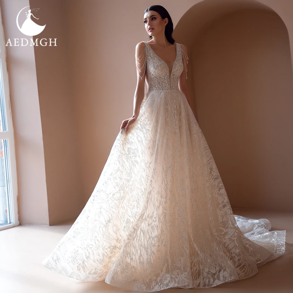 

Aedmgh A-Line Luxury Wedding Dresses 2024 V-Neck Sleeveless Tassel Robe De Mariee Lace Beading Sequined Shiny Vestido De Novia