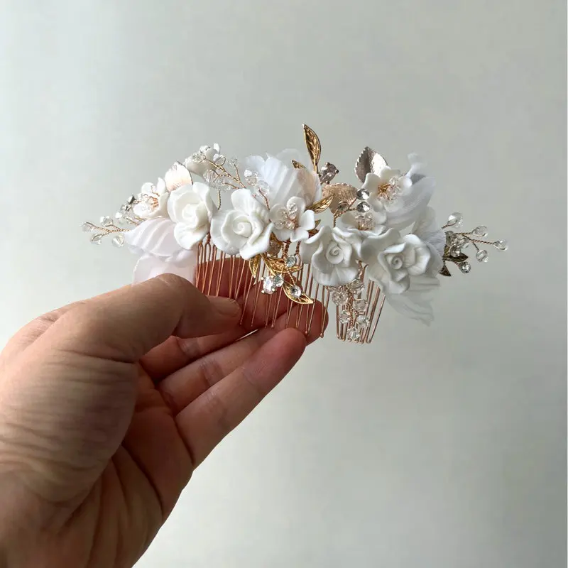 

Handmade White Ceramic Flowers Bridal Hair Comb Gold Leaf Hairpin Accessories Women Wedding Jewelry