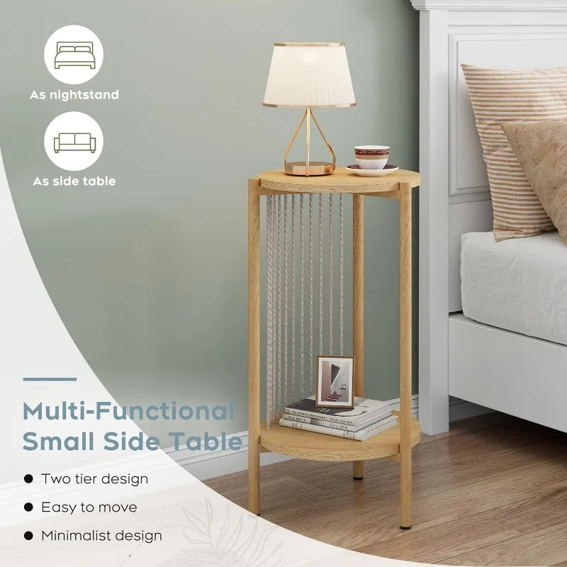3-piece Boho coffee table set with hand-woven natural rope, 2-story wooden round coffee table and end table set with metal frame 5